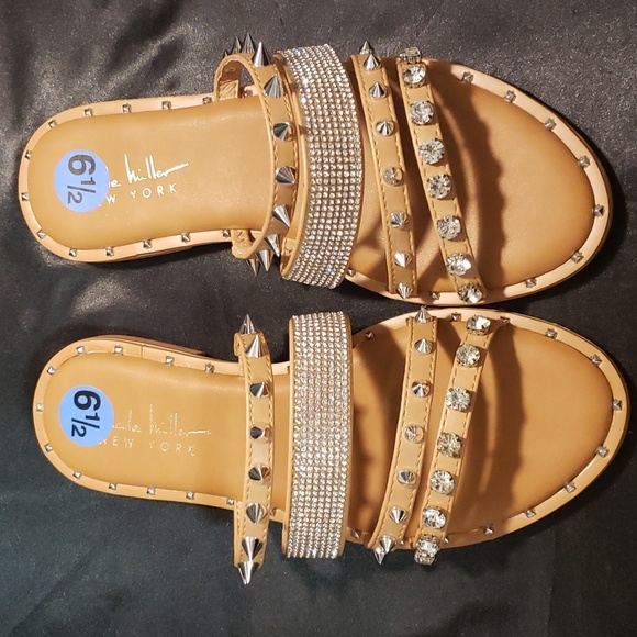 Nicole Miller Four Strap Studded and Rhinestone Slide Sandals - Picture 3 of 6